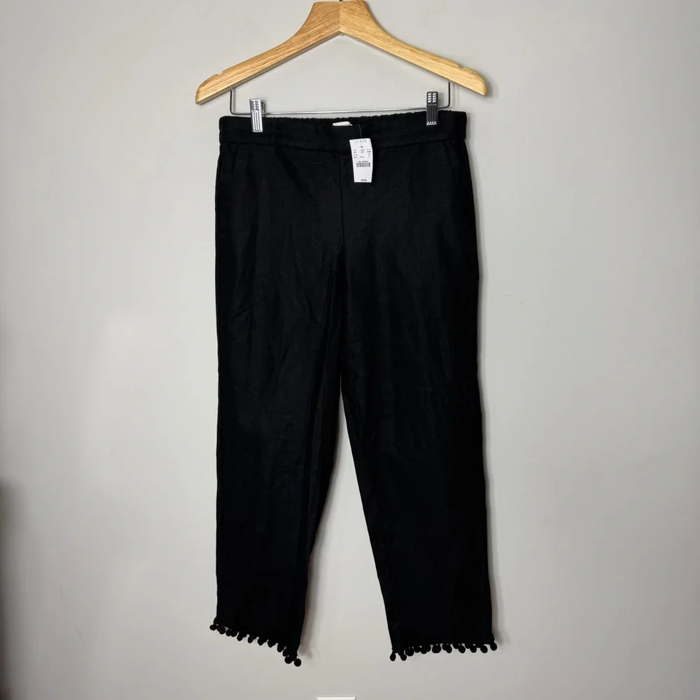 NEW J. Crew Linen Blend Black Pom Pom Trimmed Pants Size 8
